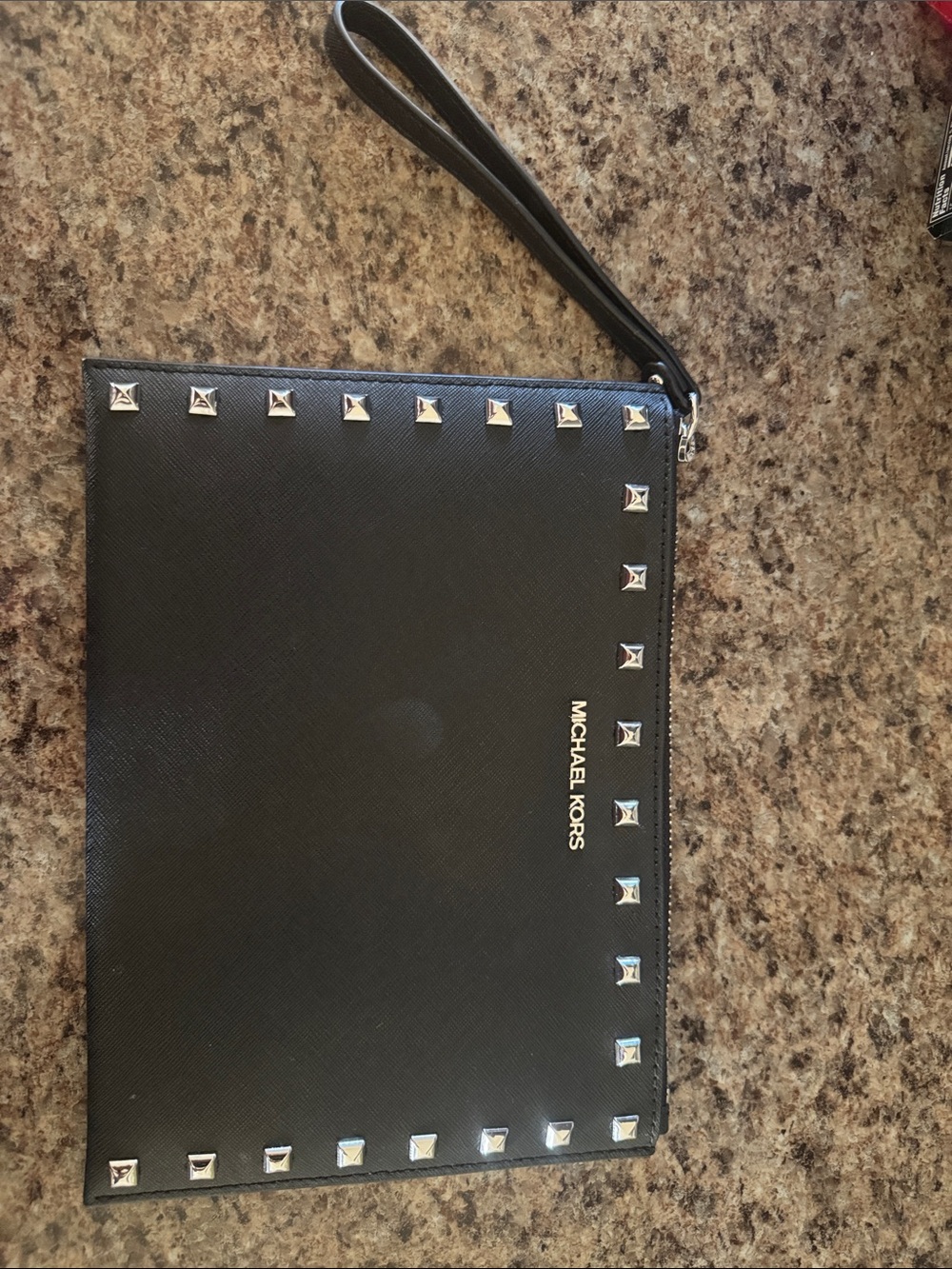 Michael Kors Black Studded Wristlet Pouch with Silver Accents